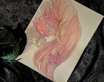 Fantastical Fantasy Art Mystical Creature Mythical Dragon of Thorns Watercolor Print Taupe Palette Soft Sunset Palette  | Fine Art Print |