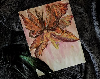 Dark Fairy of the Fall Leaves Fall Palette Nature Spirit Elemental Whimsical Faerie Fantasy Mythical Creature Watercolor  | Fine Art Print |
