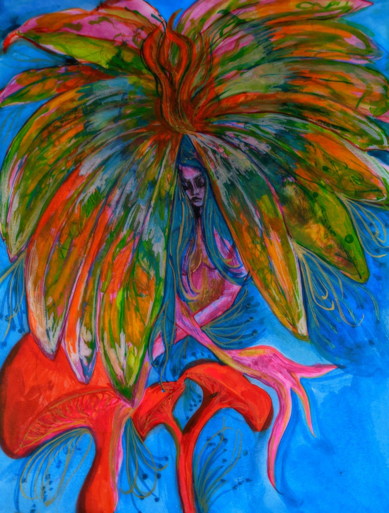Psychedelic Whimsical Mother Earth Mushroom Flower Fairy Goddess Watercolor 1970/'s color scheme Fine Art Print