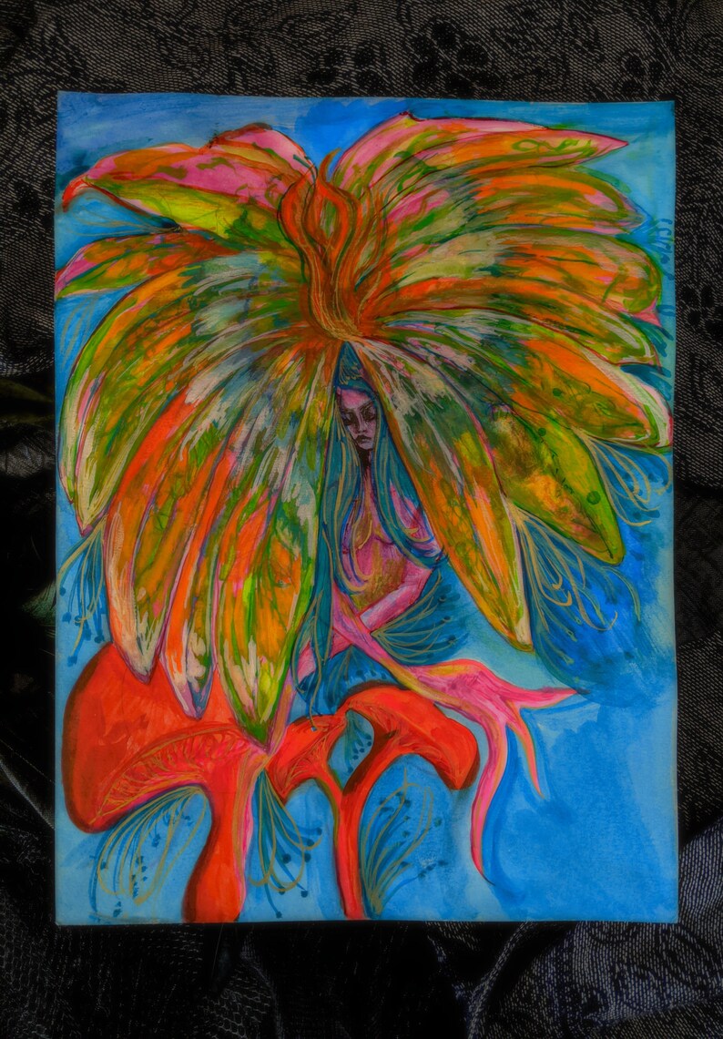 Psychedelic Whimsical Mother Earth Mushroom Flower Fairy Goddess Watercolor 1970/'s color scheme Fine Art Print