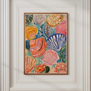 May include: A rectangular wall art print featuring a vibrant collection of seashells in shades of pink, orange, blue, and yellow against a light teal background, all enclosed within a simple, thin, light brown wooden frame.