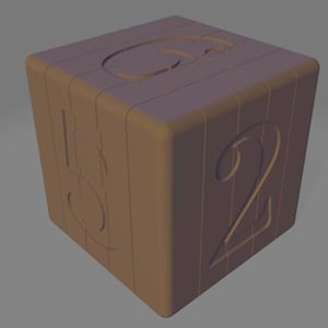 Könnte beinhalten: Ein brauner Holzblock mit abgerundeten Kanten, auf dem die Zahlen 2, 5 und 6 eingraviert sind. Der Block hat ein schlichtes, klassisches Design, das sich für Bildungs- oder Dekorationszwecke eignet.