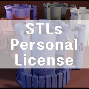 May include: Five 3D printed castle-shaped mugs in different colors, including white, gray, blue, and purple. The text "STLs Personal License" is superimposed on the image.
