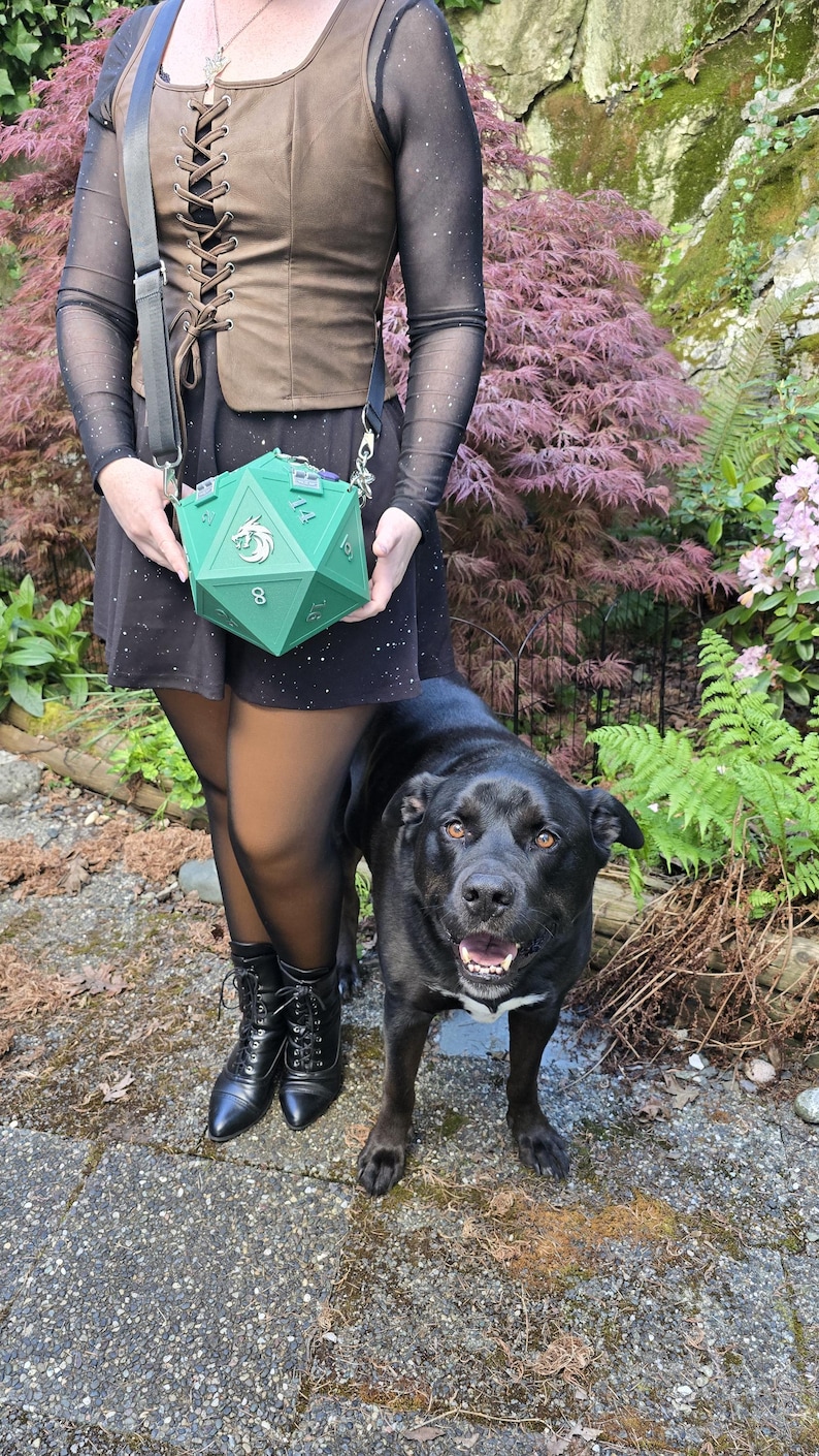 May include: A green, multi-sided dice-shaped crossbody bag with white numbering and a silver chain strap. The bag is held in front of a person wearing a brown corset top and black dress. A black dog stands nearby.