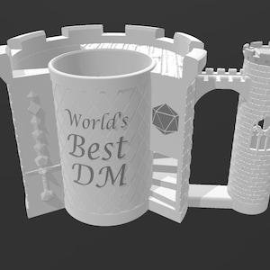 May include: White ceramic mug shaped like a castle with a tower and a drawbridge. The mug has the text "World's Best DM" on the side.