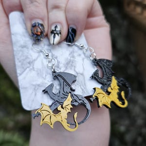 Gold and Black Dragon Fantasy Earrings Sterling Silver