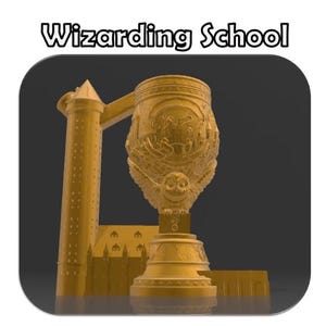 May include: A gold-colored 3D printed model of a wizarding school building with a large goblet on top. The goblet is decorated with intricate details and has an owl perched on top.