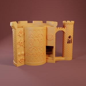 May include: A beige castle-shaped mug with a handle and a tower. The mug features embossed details, including the word "Artificer", a gear, and a D20 die. The tower has a window with three arched openings.