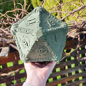 Könnte beinhalten: Ein grüner, mehrseitiger Würfel mit einem Drachen-Design und Zahlen auf jeder Seite. Der Würfel wird in einer Hand gehalten.