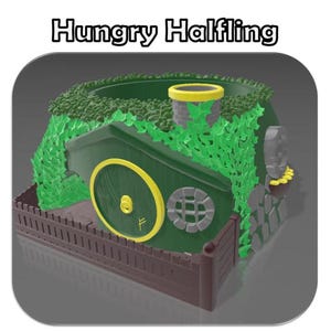 May include: A green and brown model of a hobbit house with a round door and a chimney. The house is covered in green ivy and has a small fence around it. The text "Hungry Halfling" is written above the house.