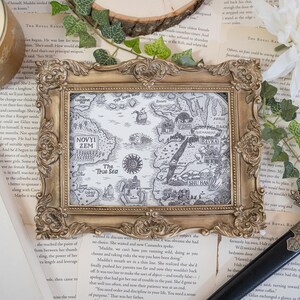 May include: A framed black and white map with the title "The True Sea" and the words "NOVYI ZEM" and "SHU HAN". The map is surrounded by a gold-colored frame with ornate details.