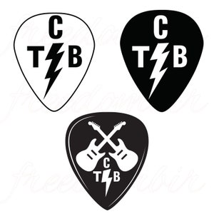 Puede incluir: Tres diseños de púa de guitarra en blanco y negro. Los dos primeros diseños presentan las letras "C", "T", "B" y un rayo. El tercer diseño presenta dos guitarras cruzadas y las letras "C", "T", "B" y un rayo.