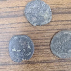 Puede incluir: Una colecci&oacute;n de seis monedas antiguas con un aspecto desgastado y envejecido. Las monedas son de metal oscuro y tienen forma circular. Las monedas est&aacute;n dispuestas en un patr&oacute;n aleatorio sobre una superficie de madera.