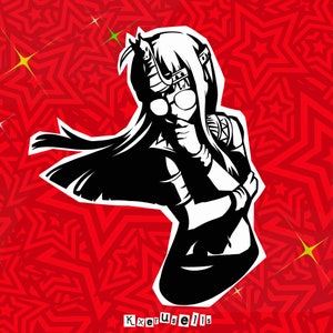 May include: Black and white illustration of a woman with long hair wearing a headband and sunglasses. She is wearing a black and white outfit with a star pattern. The background is red with white stars.