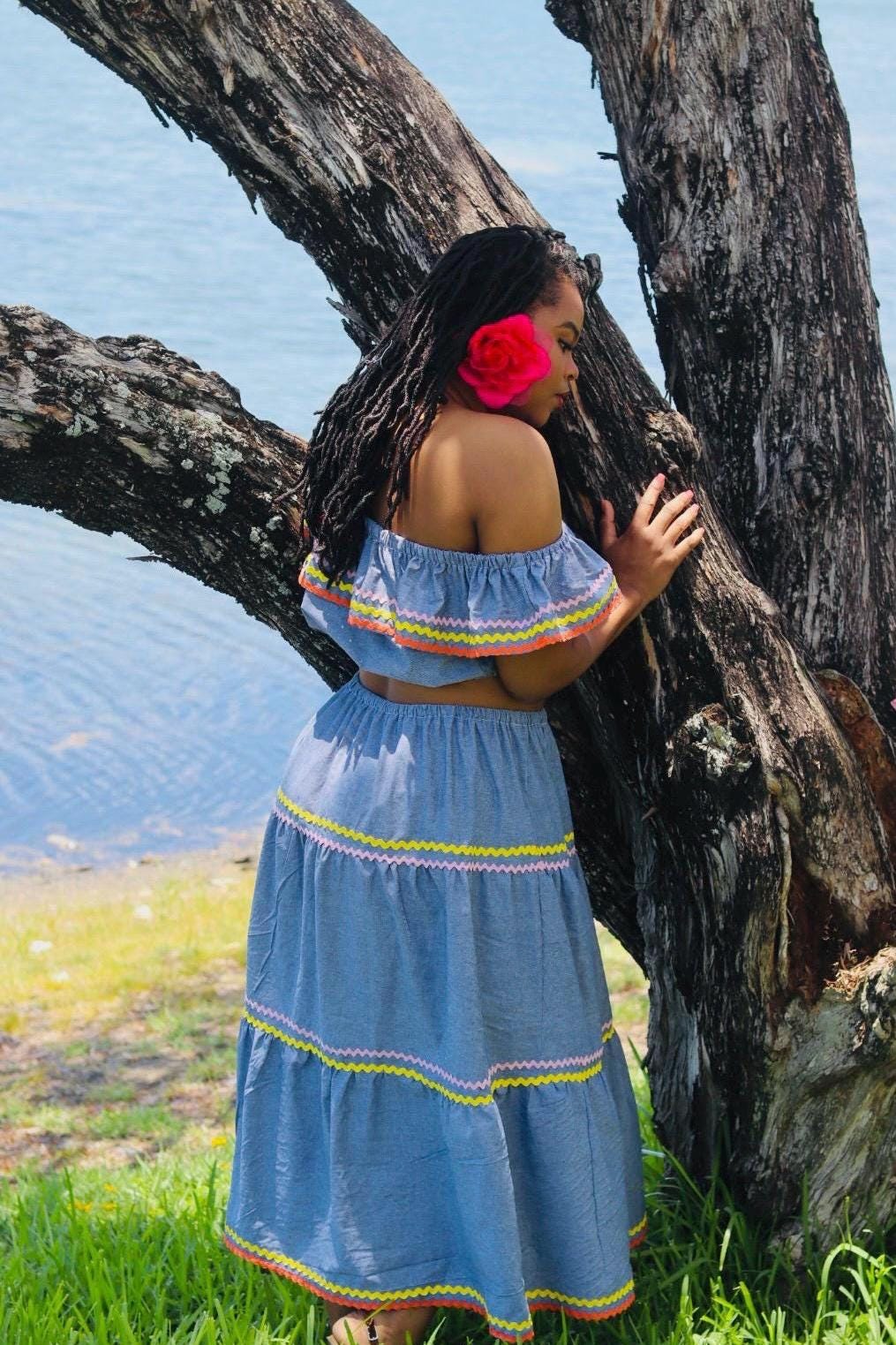 beach off the shoulder dress RAQUELA RUFFLE MAXI Color:Tulip 2266 - Green lagoon Black Pants and Brown this party dress will