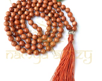 Red Sun Stone Mala Beads | 108 Mala Necklace | Knotted Mala | Tassel Necklace | Meditation Beads Spiritual Jewelry Boho Rosary | Gift