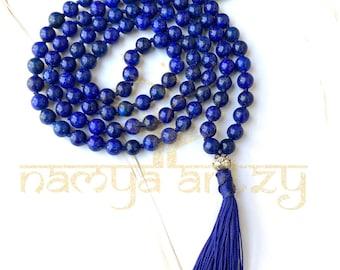 Lapis Lazuli Stone Mala Beads | 108 Mala Necklace | Knotted Mala | Tassel Necklace | Meditation Beads Spiritual Jewelry Boho Rosary | Gift