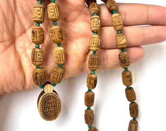 Tulsi Radha Carved Neck-beads Mala Necklace With Cut Finished Green Onyx | Tulsi wood Sacred Spiritually Religious | Tulasi Mala