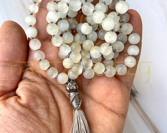 Selenite AAA+ Mala Beads | 108 Mala Necklace | Knotted Mala | Tassel Necklace | Meditation Beads Spiritual Jewelry Boho Rosary | Gift Item