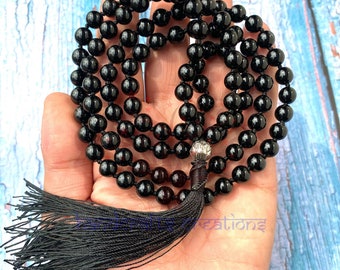 Black Onyx Stone Mala Beads | 108 Mala Necklace | Knotted Mala | Tassel Necklace | Meditation Beads Spiritual Jewelry Boho Rosary | Gift