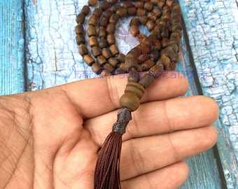 108 Natural Tulsi Small Tumble Carved Beautiful Rough beads Knotted Japa Mala Tulsi wood | Sacred | Spiritually | Religious Meditation