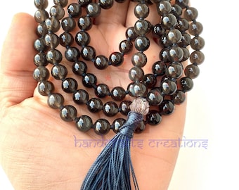 Black Obsidian Stone Mala Beads | 108 Mala Necklace | Knotted Mala | Tassel Necklace | Meditation Beads Spiritual Jewelry Boho Rosary | Gift