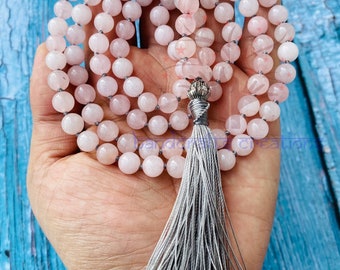 Rose Quartz Stone Mala Beads | 108 Mala Necklace | Knotted Mala | Tassel Necklace | Meditation Beads Spiritual Jewelry Boho Rosary | Gift