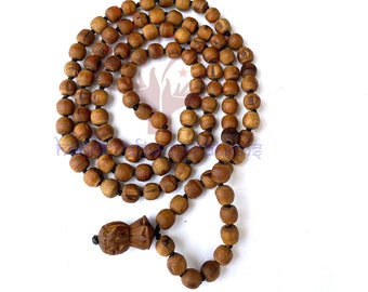 108 Natural Tulsi Carved 8mm Beautiful smooth beads | Knotted Japa Mala | Tulsi Wood Sacred Spiritually Religious| Rosary | Prayer Mala