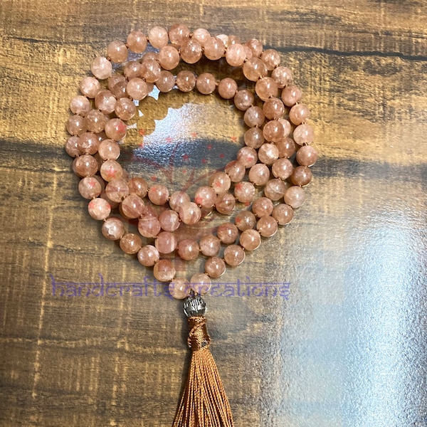 Natural Sun Stone Mala Beads | 108 Mala Necklace | Knotted Mala | Tassel Necklace | Meditation Beads Spiritual Jewelry Boho Rosary | Gift