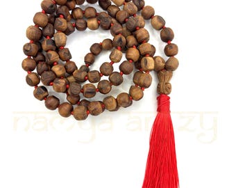 Handmade, Original & Natural Rough 12mm Big Tulsi Wood 108 Beads Hand-Knotted Mala/Necklace Meditation/Healing/Rosary/Sacred Japa Mala