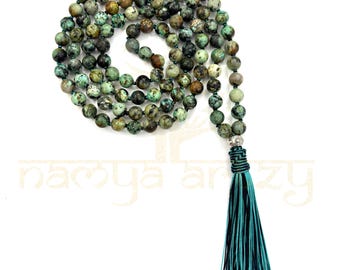 Natural African Turquoise AAA+ Mala Beads 108 Knotted Mala/Necklace | Tassel Necklace | Meditation Beads Spiritual Jewelry Rosary | Healing
