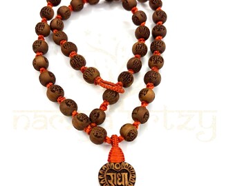 Handmade Tulsi Wood Radha Mala Necklace: Engraved Pendant