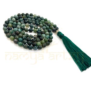 Moss Agate Stone Mala Abalorios / 108 Mala Collar / Mala Anudado / Collar de Borlas / Cuentas de Meditación Joyería Espiritual Boho Rosario / Regalo