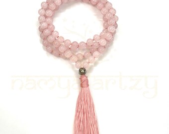 Handmade, Natural & Original Rose Quartz 108 Beads Hand-Knotted Mala|Necklace In Pink Color Tassel | Meditation|Spiritual Jewellery Rosary