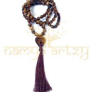 108ct 9mm Tulsi Wood Beads Tibetan Hindu Buddhist Om Carved Mala Bead Necklace w/ Gift Pouch main image 1