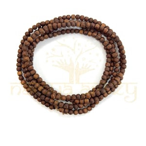 Handmade, Natural Tiny 4mm Round-Shaped Original Tulsi Wood Hand-Carved Smooth Beads Three Line Kanthi Mala/Necklace -Brass Fish Lock Closer