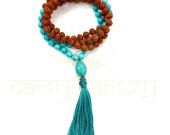 Collana di perle di Rudraksha con 108 perle turchesi naturali da 8 mm e facce miste, fatta a mano e personalizzata, Mala annodata a mano, rosario spirituale, gioielli