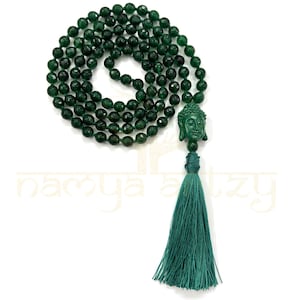 Mala/collar anudado a mano con 108 cuentas de jade verde con acabado brillante, hecho a mano, colgante con impresiones de Buda, rosario de joyería espiritual, regalo