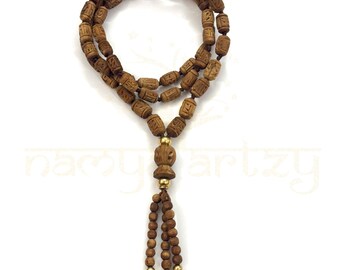 Feito à mão, Radha Imprints Tulsi 54 contas de pescoço com nó à mão Mala/colar-colar-cordões com cornalina, joias de cura de latão espiritual