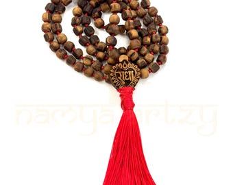 Hand-Knotted, Natural 108 Sacred Tulsi Wood Hand-Carved Rough Beads Tassel Mala/Necklace with Radha Engraved Red Tassel Attached Pendant