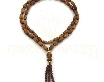 Handmade, Radha Imprints Tulsi 54 Beads Hand-Knotted Neck-Bead Mala/Necklace-Drop Strings with Black Onyx, Brass Healing Jewelry Spiritual