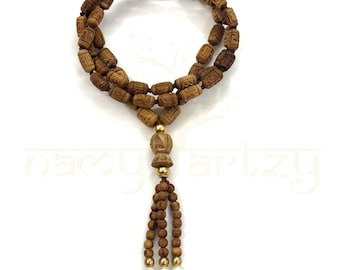 Feito à mão, Radha Imprints Tulsi 54 contas de contas de pescoço com nós feitos à mão Mala/colar-colar-cordas de pérolas de água doce, joias de cura de latão espiritual