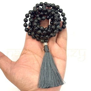 Black Obsidian Stone Mala Beads | 108 Mala Necklace | Knotted Mala | Tassel Necklace | Meditation Beads Spiritual Jewelry Boho Rosary | Gift