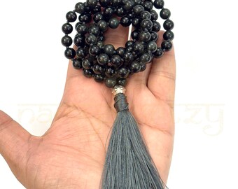 Black Obsidian Stone Mala Beads | 108 Mala Necklace | Knotted Mala | Tassel Necklace | Meditation Beads Spiritual Jewelry Boho Rosary | Gift
