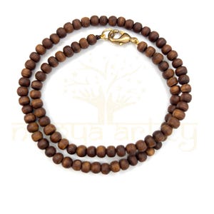 Handmade, Natural Tiny 4mm Round-Shaped Original Tulsi Wood Hand-Carved Smooth Beads One Line Kanthi Mala/Necklace - Brass Fish Lock Closer