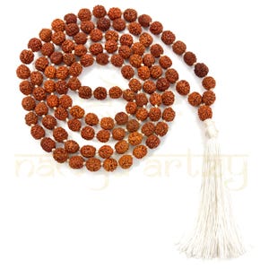 Handmade 108 Rudraksha Bead Mala Necklace: Meditation Rosary with White Tassel