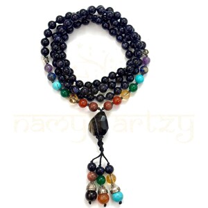 Handmade, Mix of 7 Chakra Gems & Blue Sunstone Beads Hand-Knotted Mala/Necklace, Faceted Black Agate Stone Pendant with Drop Strung Work