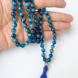 Blaue Tigerauge Stein Mala Perlen | 108 Mala Halskette | Geknotete Mala | Quaste Halskette | Meditation Perlen spiritueller Schmuck Boho Rosenkranz | Geschenk