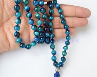 Blue Tiger Eye Stone Mala Beads | 108 Mala Necklace | Knotted Mala | Tassel Necklace | Meditation Beads Spiritual Jewelry Boho Rosary | Gift