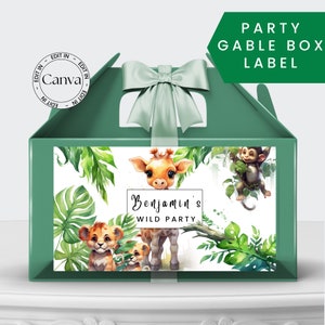 Jungle Party Gable Box Label Printable, EDITABLE Wild Animal Party Favor Gift Box Labels , Party Bag Sticker Templates Instant Download